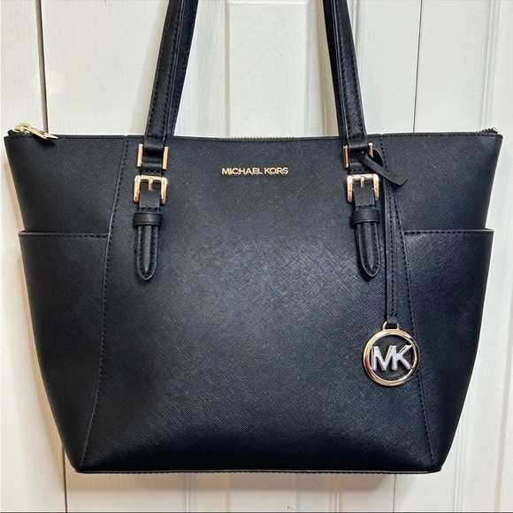 Michael Kors Black Gold Charlotte Ciara Large Zip Tote Shoulder Bag Purse - Picture 2 of 12